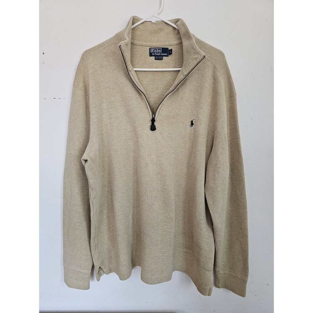 Polo by Ralph Lauren 1/4 Zip Sweater Beige Men’s Large 100% Cotton Navy Pony